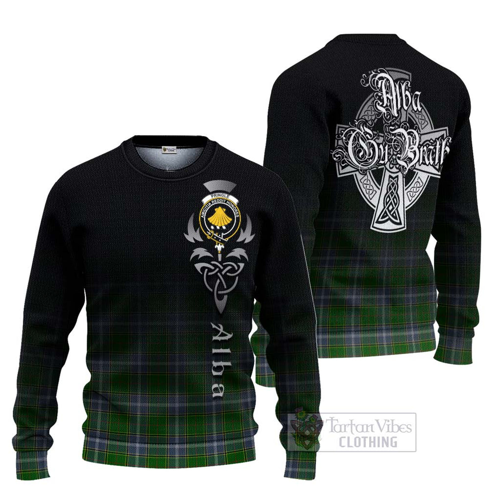 Pringle Tartan Ugly Sweater Featuring Alba Gu Brath Family Crest Celtic Inspired Unisex - Tartan Vibes Clothing