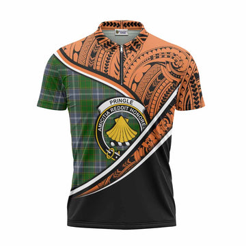 Pringle Crest Tartan Zipper Polo Shirt with Polynesian Vibes Style - Orange Version