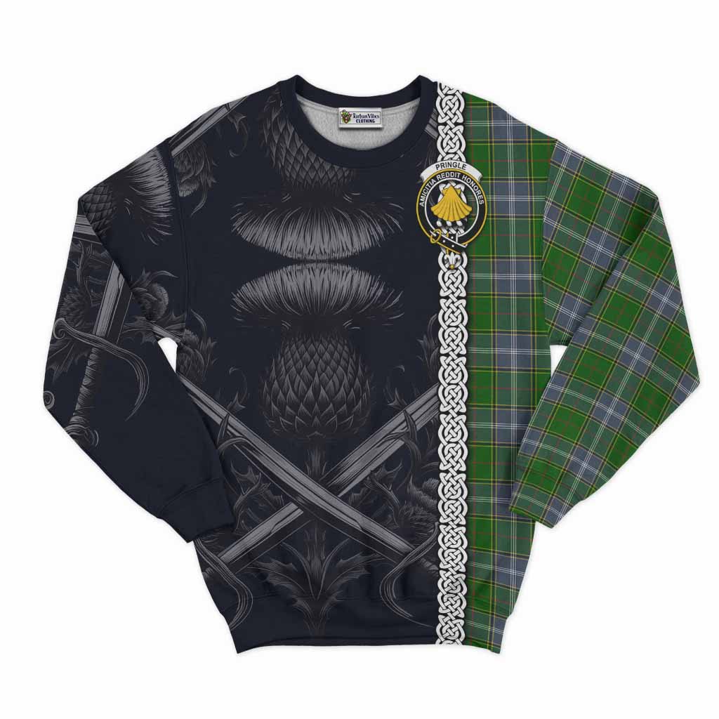 Tartan Vibes Clothing Pringle Tartan Sweatshirt with Family Crest Cross Sword Thistle Celtic Vibes