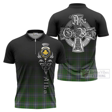 Pringle Tartan Zipper Polo Shirt Featuring Alba Gu Brath Family Crest Celtic Inspired