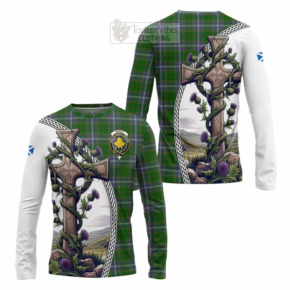 Tartan Vibes Clothing Pringle Tartan Long Sleeve T-Shirt with Family Crest and St. Andrew's Cross Accented by Thistle Vines