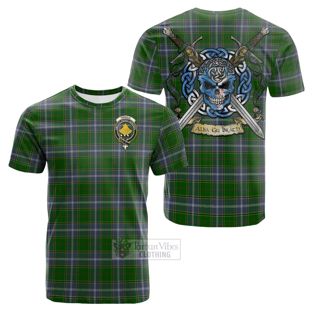 Tartan Vibes Clothing Pringle Tartan Cotton T-shirt with Family Crest Celtic Skull Style