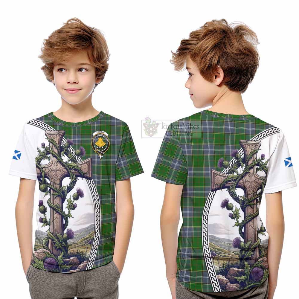 Tartan Vibes Clothing Pringle Tartan Kid T-Shirt with Family Crest and St. Andrew's Cross Accented by Thistle Vines