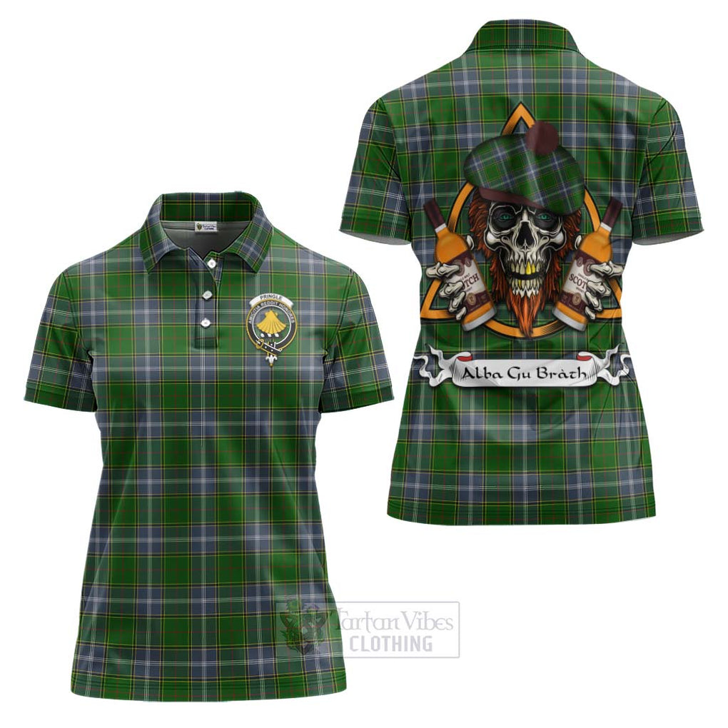 Tartan Vibes Clothing Pringle Tartan Women's Polo Shirt with Family Crest and Bearded Skull Holding Bottles of Whiskey