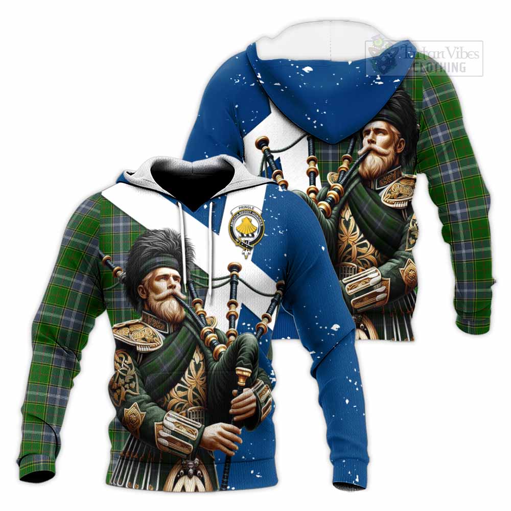 Tartan Vibes Clothing Pringle Tartan Knitted Hoodie with Family Crest Scottish Bagpiper Vibes