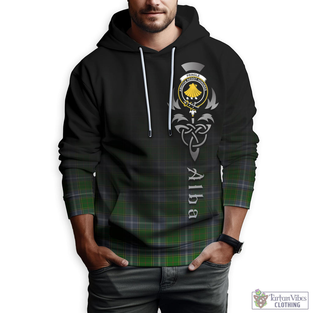 Tartan Vibes Clothing Pringle Tartan Hoodie Featuring Alba Gu Brath Family Crest Celtic Inspired