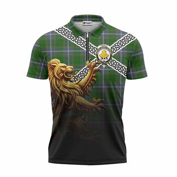 Pringle Crest Tartan Zipper Polo Shirt with Golden Lion Emblem Celtic Style Unisex - Tartan Vibes Clothing