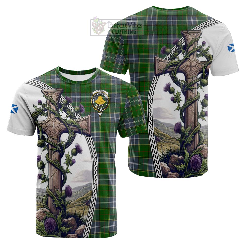 Tartan Vibes Clothing Pringle Tartan Cotton T-shirt with Family Crest and St. Andrew's Cross Accented by Thistle Vines