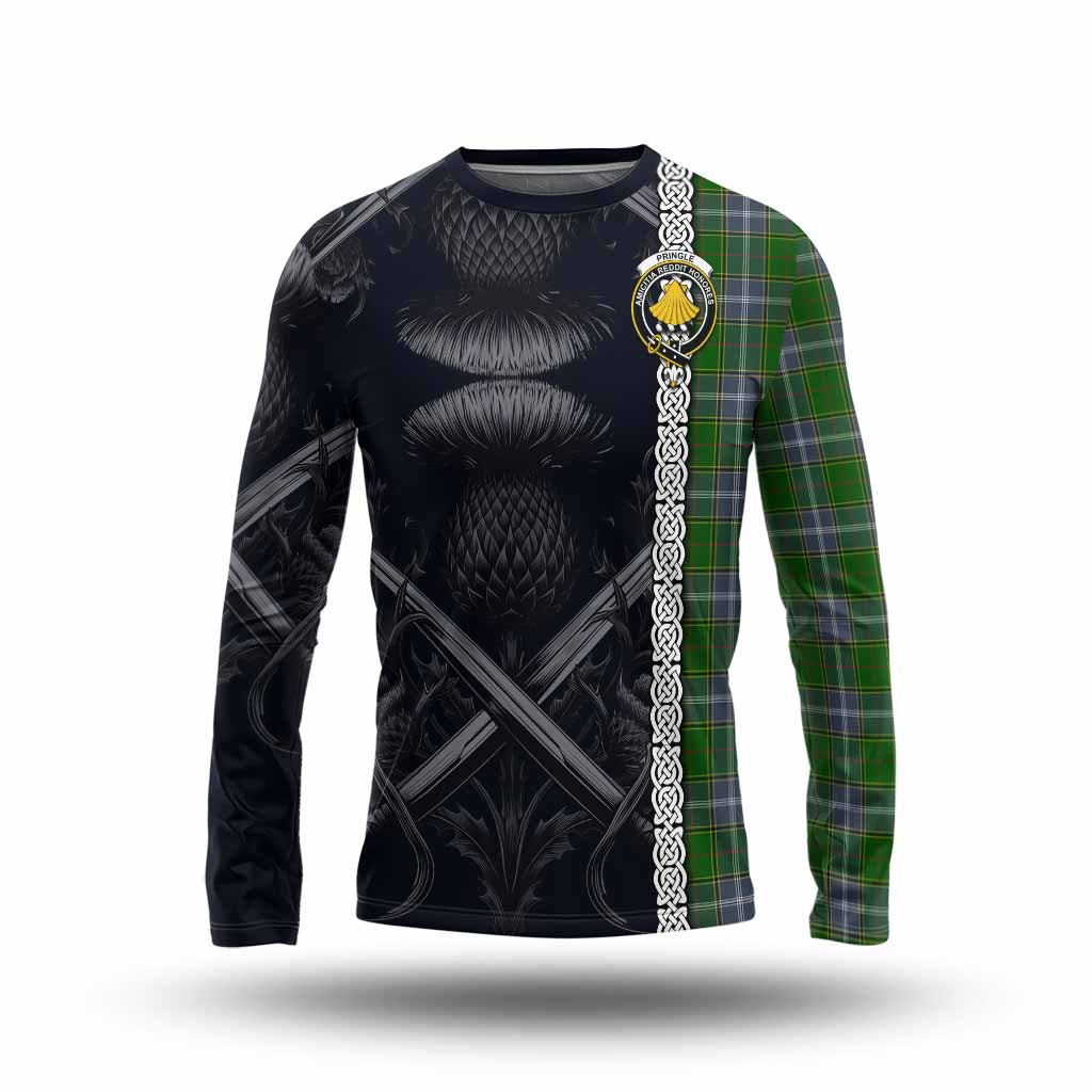 Tartan Vibes Clothing Pringle Tartan Long Sleeve T-Shirt with Family Crest Cross Sword Thistle Celtic Vibes