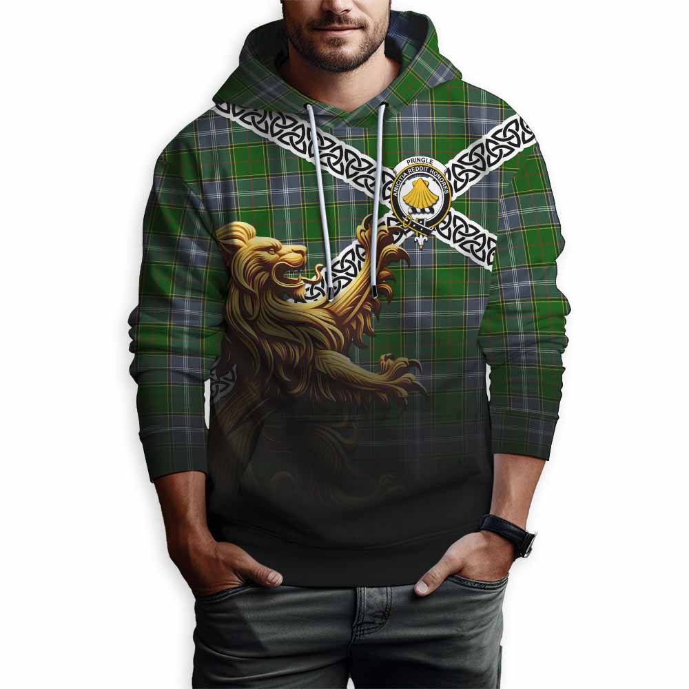Pringle Crest Tartan Hoodie with Golden Lion Emblem Celtic Style Pullover Hoodie - Tartan Vibes Clothing