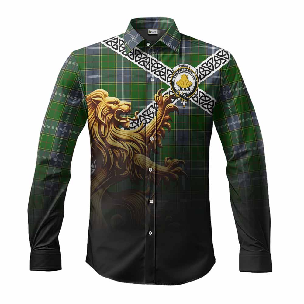 Pringle Crest Tartan Long Sleeve Button Shirt with Golden Lion Emblem Celtic Style Men's Shirt S - Tartan Vibes Clothing