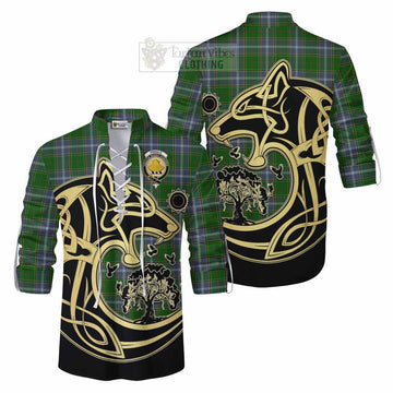 Pringle Tartan Ghillie Kilt Shirt with Family Crest Celtic Wolf Style