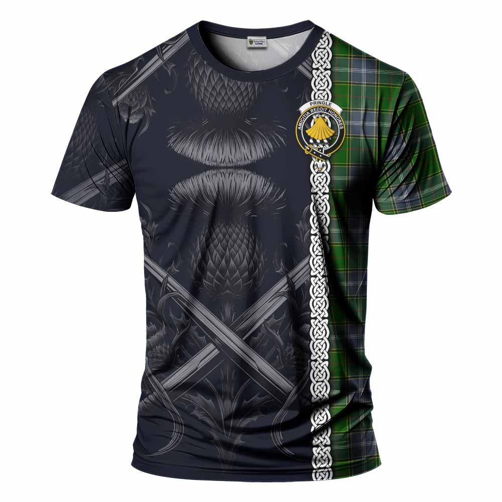 Tartan Vibes Clothing Pringle Tartan T-Shirt with Family Crest Cross Sword Thistle Celtic Vibes