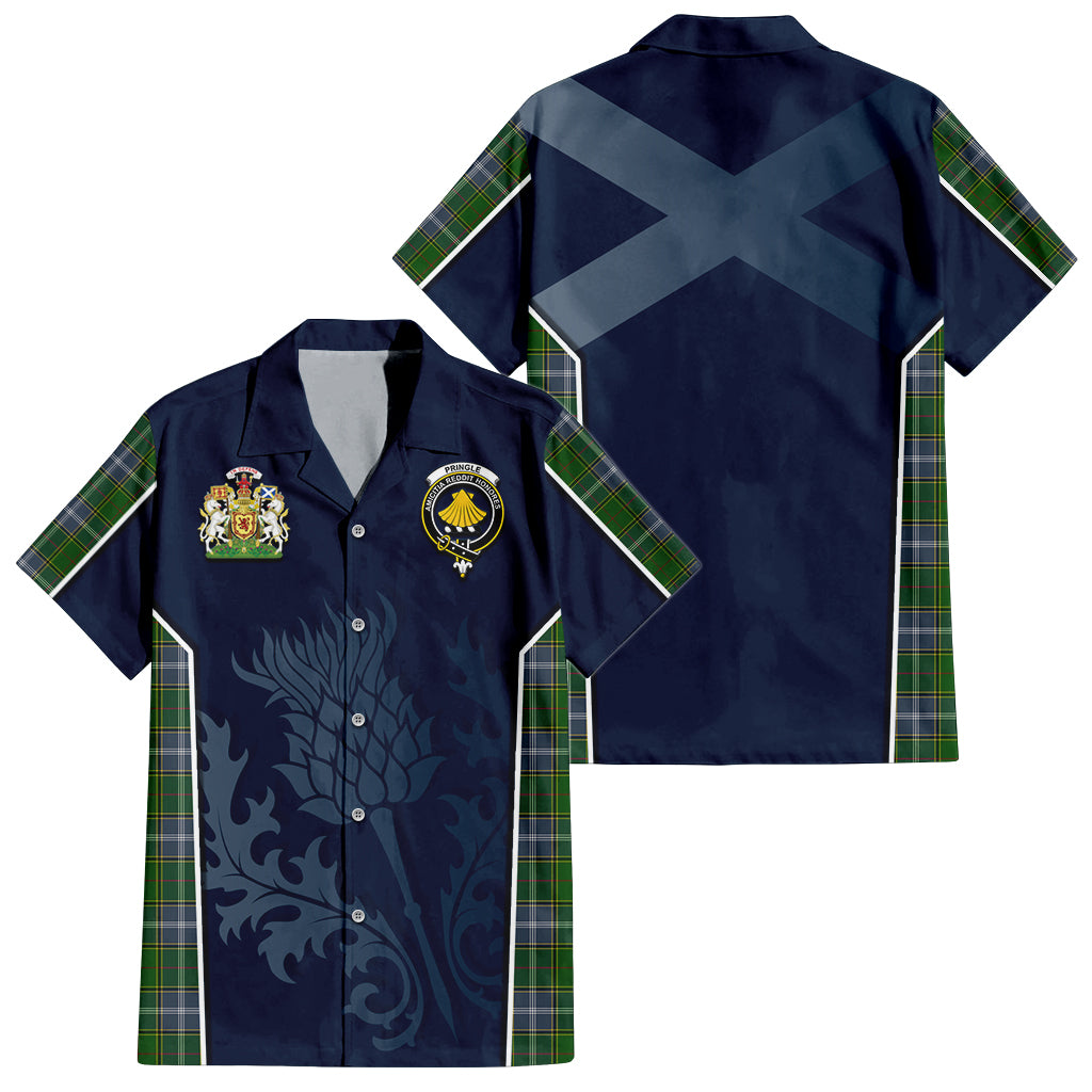 Tartan Vibes Clothing Pringle Tartan Short Sleeve Button Up Shirt with Family Crest and Scottish Thistle Vibes Sport Style