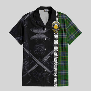 Pringle Tartan Short Sleeve Button Shirt with Family Crest Cross Sword Thistle Celtic Vibes