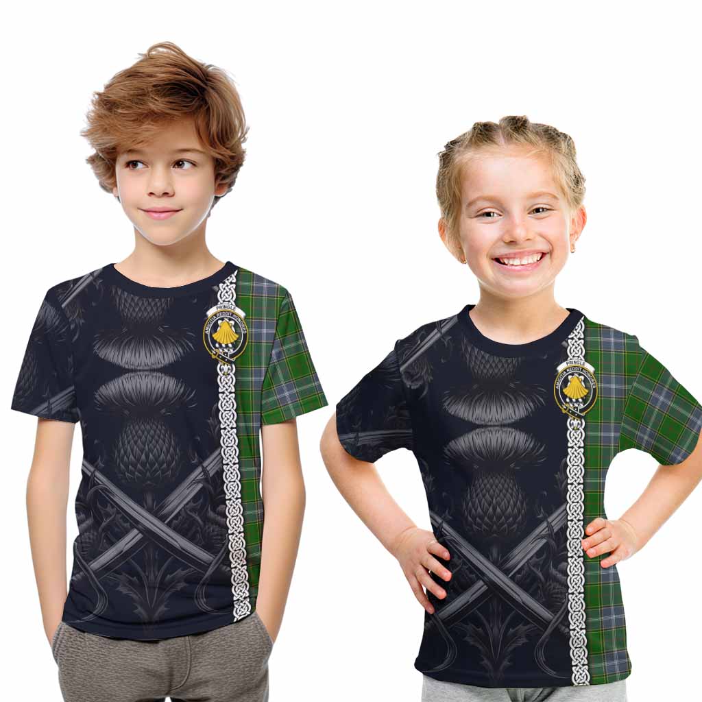 Tartan Vibes Clothing Pringle Tartan Kid T-Shirt with Family Crest Cross Sword Thistle Celtic Vibes