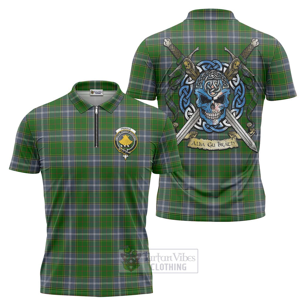 Tartan Vibes Clothing Pringle Tartan Zipper Polo Shirt with Family Crest Celtic Skull Style