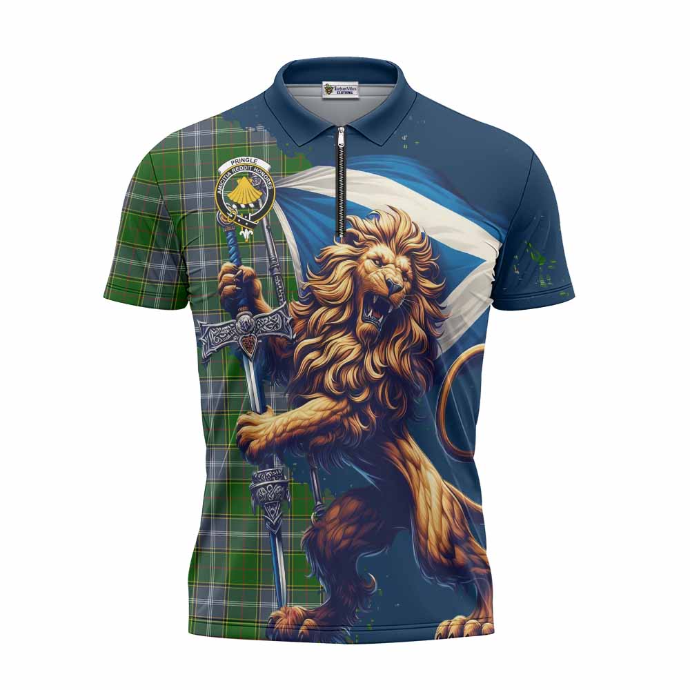 Tartan Vibes Clothing Pringle Tartan Family Crest Zipper Polo Shirt with Scottish Majestic Lion