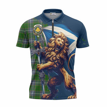 Pringle Tartan Family Crest Zipper Polo Shirt with Scottish Majestic Lion