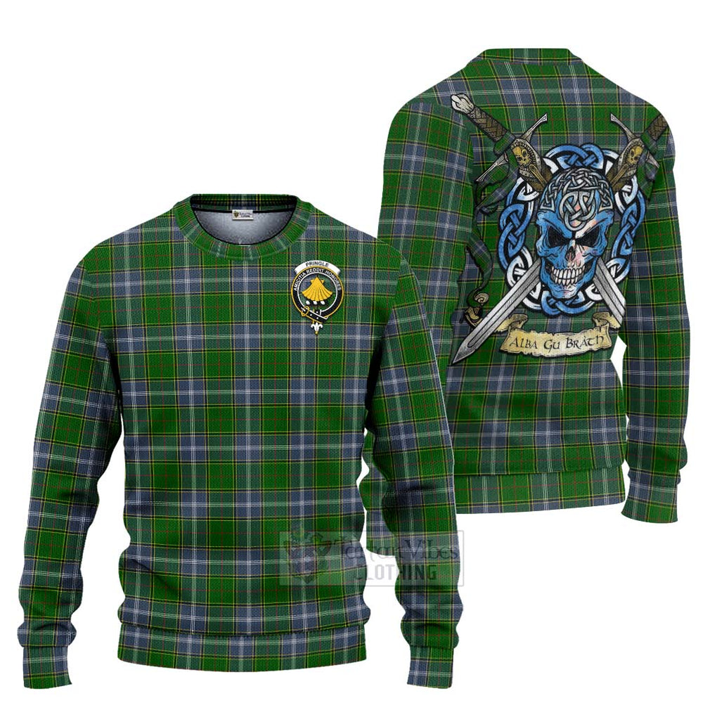 Tartan Vibes Clothing Pringle Tartan Knitted Sweater with Family Crest Celtic Skull Style