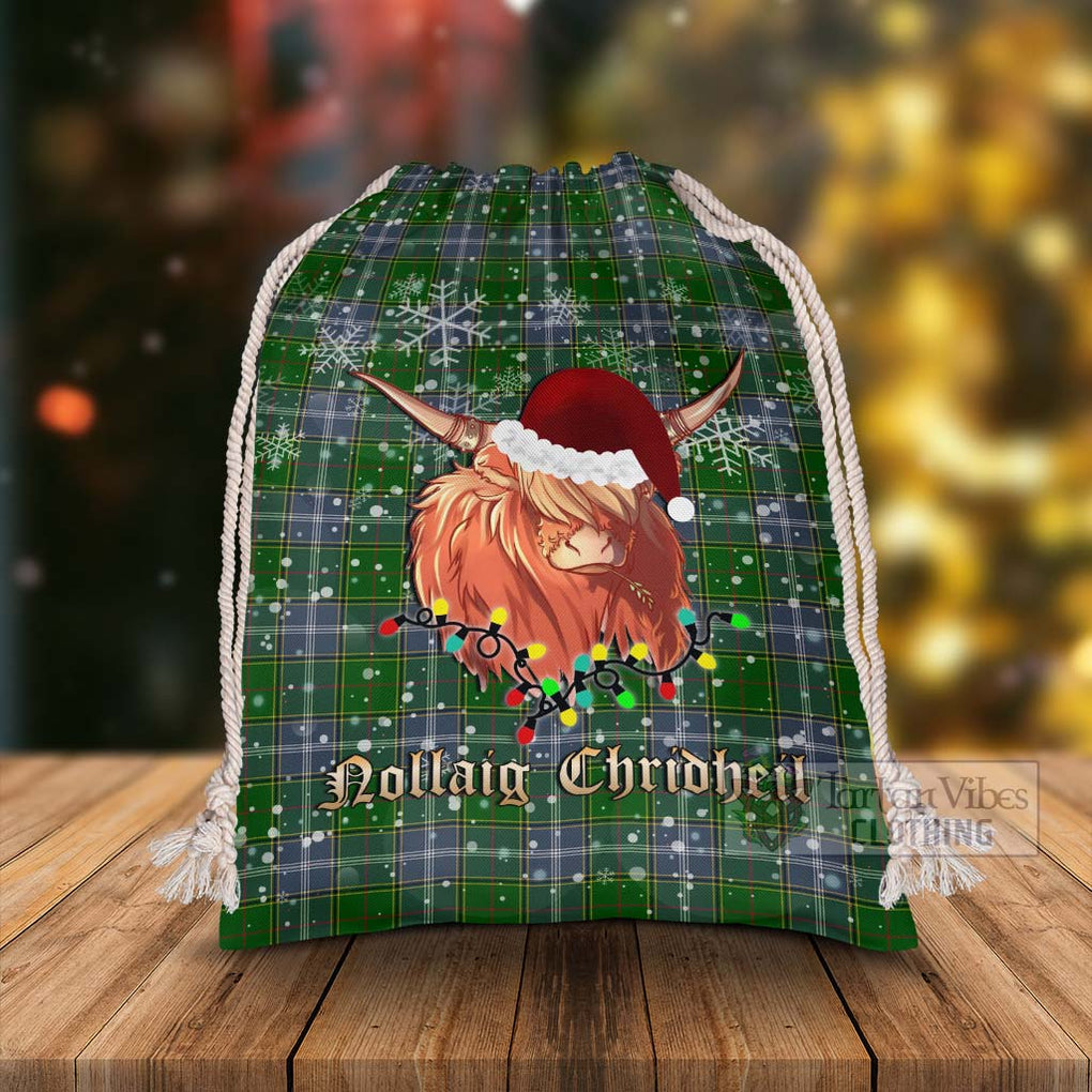 Tartan Vibes Clothing Pringle Tartan Christmas Santa's Bag with Highland Cow