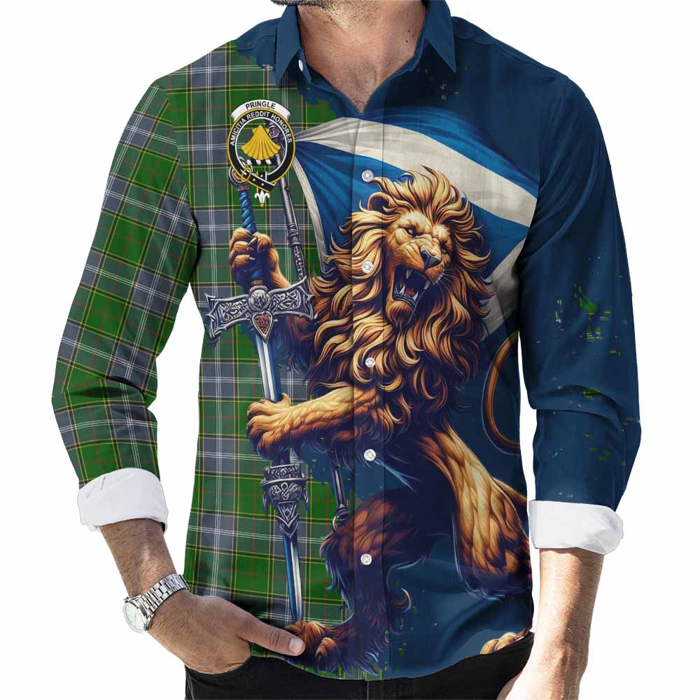 Tartan Vibes Clothing Pringle Tartan Family Crest Long Sleeve Button Shirt with Scottish Majestic Lion