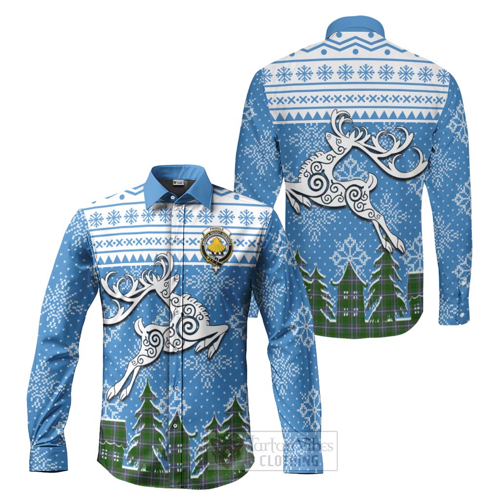 Tartan Vibes Clothing Pringle Clan Christmas Long Sleeve Button Shirt Celtic Reindeer Style