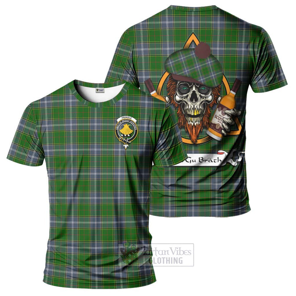 Tartan Vibes Clothing Pringle Tartan T-Shirt with Family Crest and Bearded Skull Holding Bottles of Whiskey