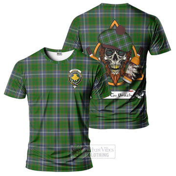 Pringle Tartan T-Shirt with Family Crest and Bearded Skull Holding Bottles of Whiskey