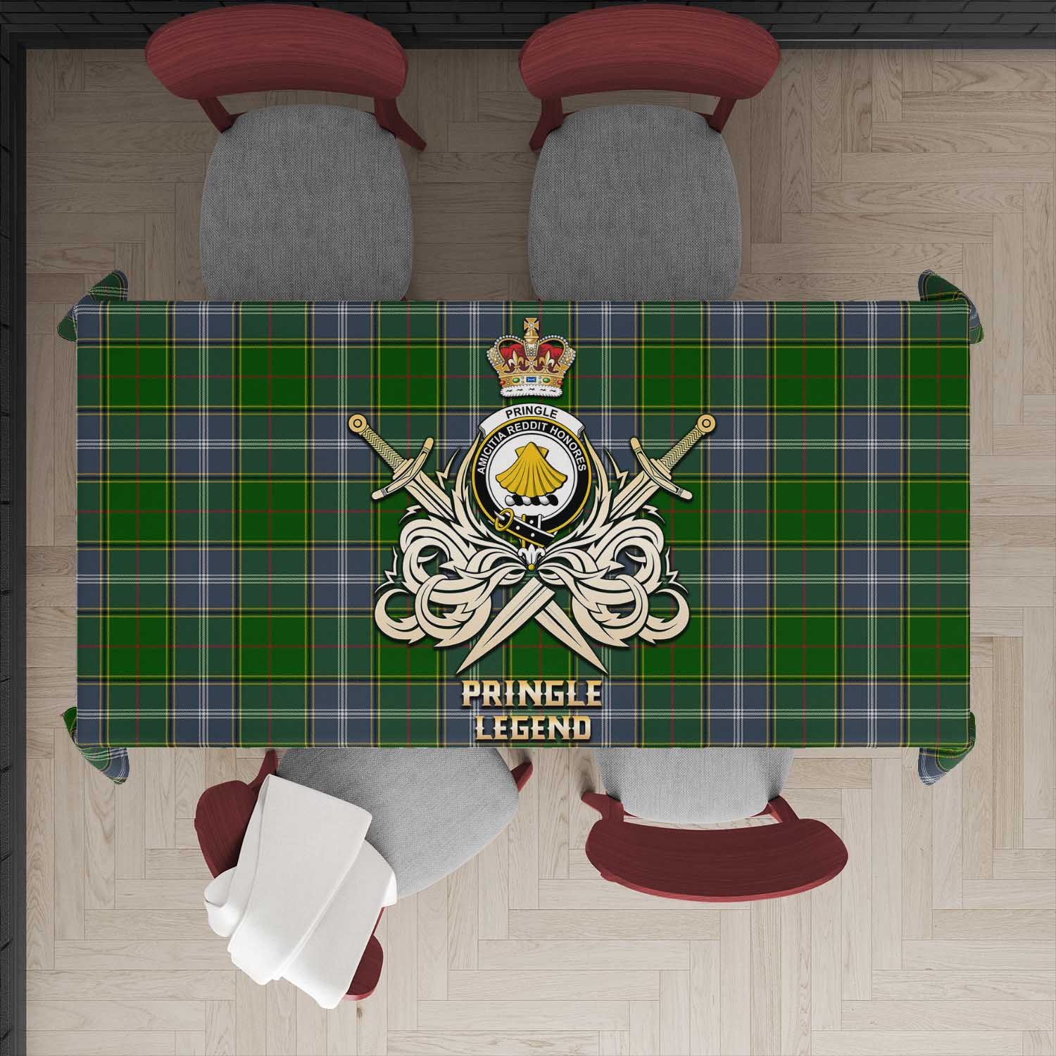 Tartan Vibes Clothing Pringle Tartan Tablecloth with Clan Crest and the Golden Sword of Courageous Legacy