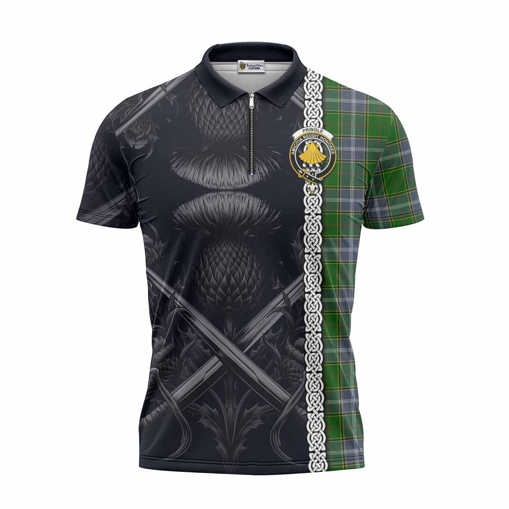 Tartan Vibes Clothing Pringle Tartan Zipper Polo Shirt with Family Crest Cross Sword Thistle Celtic Vibes