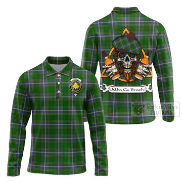 Pringle Tartan Long Sleeve Polo Shirt with Family Crest and Bearded Skull Holding Bottles of Whiskey