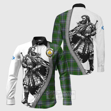 Pringle Tartan Clan Crest Long Sleeve Button Shirt with Highlander Warrior Celtic Style