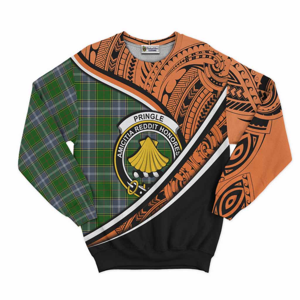 Tartan Vibes Clothing Pringle Crest Tartan Sweatshirt with Maori Tattoo Style - Orange Version