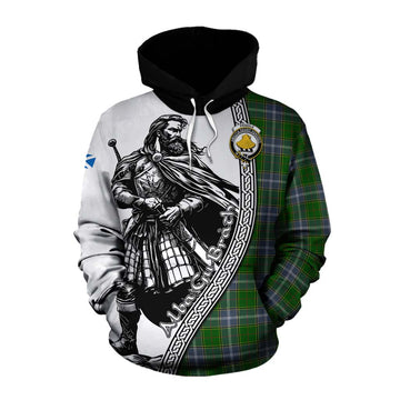 Pringle Tartan Clan Crest Cotton Hoodie with Highlander Warrior Celtic Style