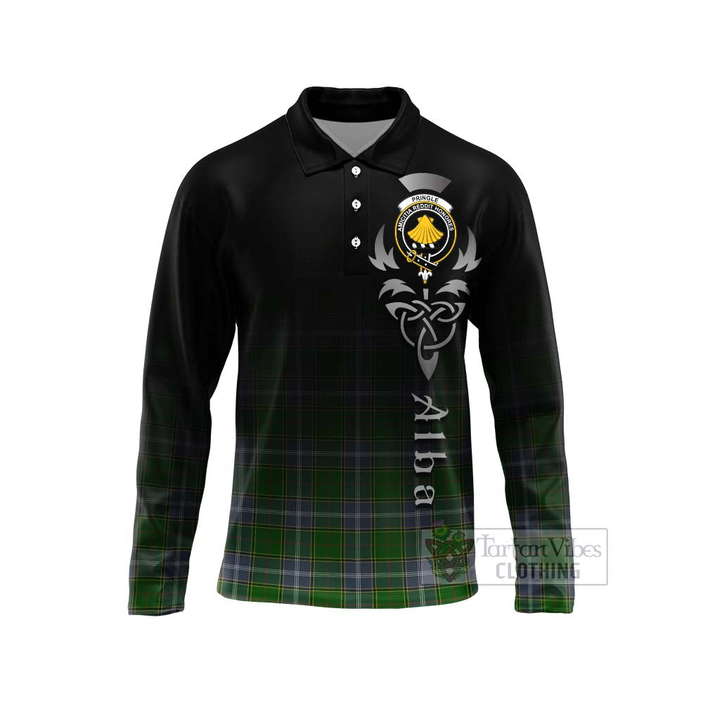 Tartan Vibes Clothing Pringle Tartan Long Sleeve Polo Shirt Featuring Alba Gu Brath Family Crest Celtic Inspired