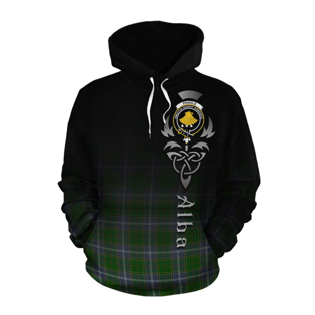 Tartan Vibes Clothing Pringle Tartan Cotton Hoodie Featuring Alba Gu Brath Family Crest Celtic Inspired