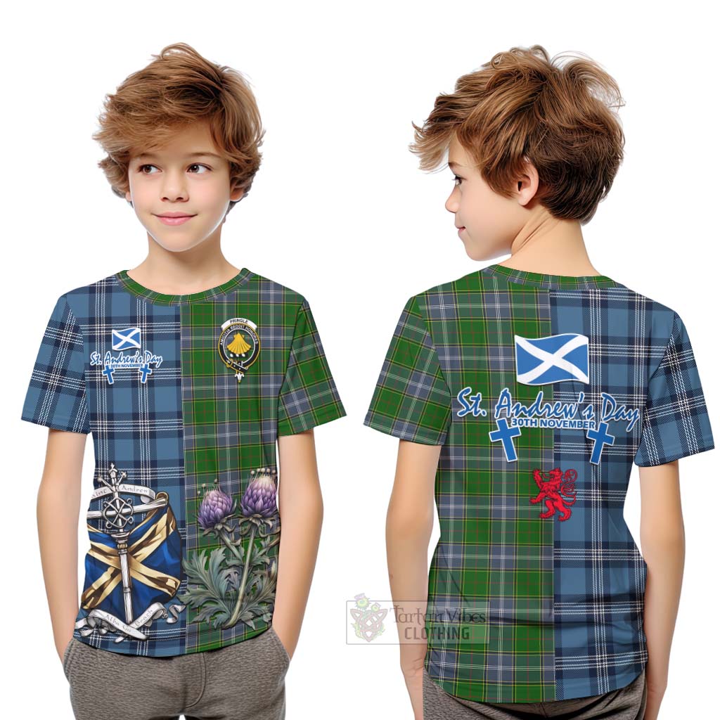 Tartan Vibes Clothing Pringle Tartan Kid T-Shirt Happy St. Andrew's Day Half Tartan Style