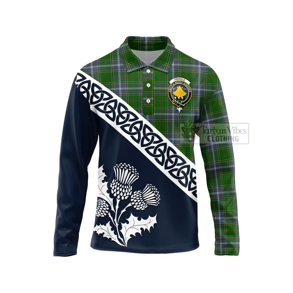 Tartan Vibes Clothing Pringle Tartan Long Sleeve Polo Shirt Featuring Thistle and Scotland Map