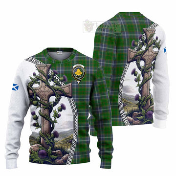 Pringle Tartan Knitted Sweater with Family Crest and St. Andrew's Cross Accented by Thistle Vines