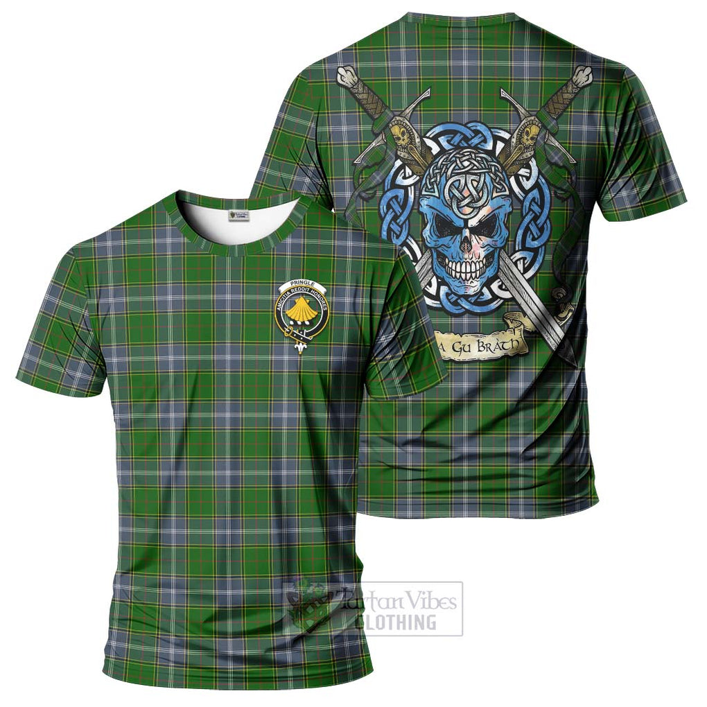 Tartan Vibes Clothing Pringle Tartan T-Shirt with Family Crest Celtic Skull Style