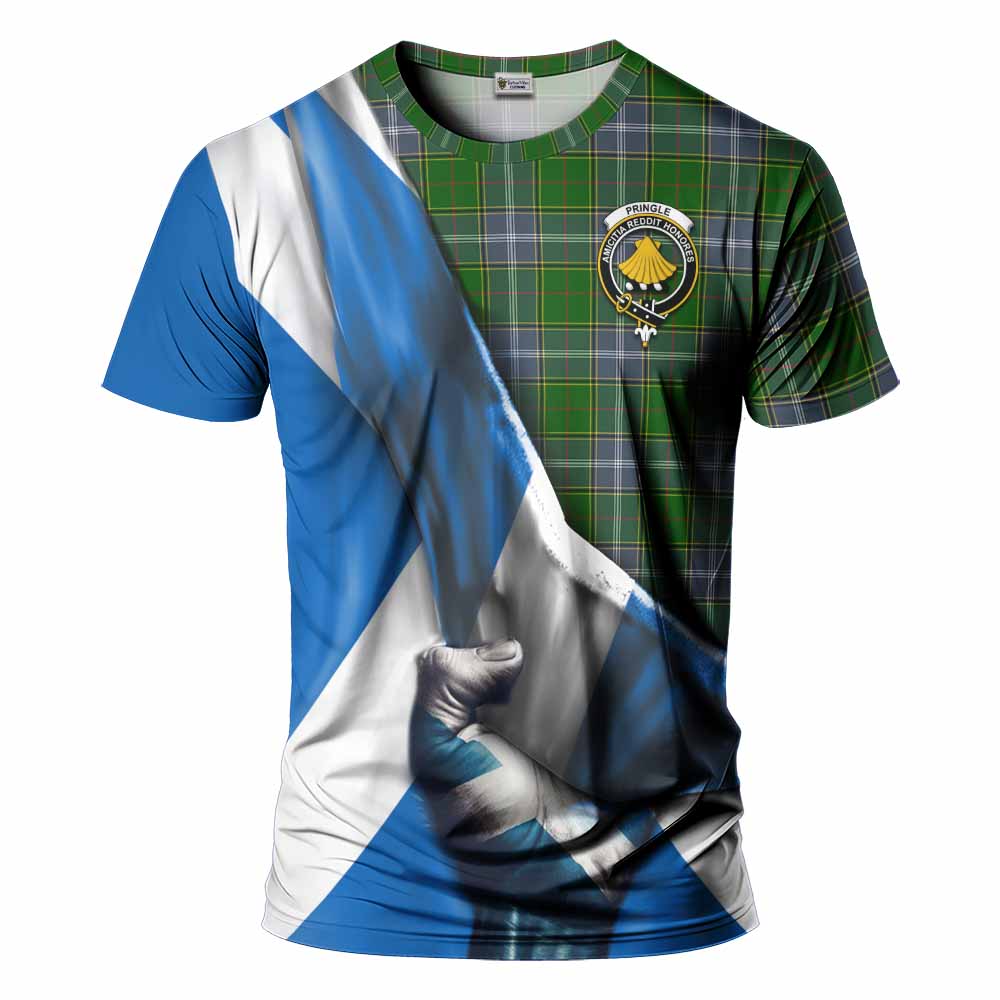 Tartan Vibes Clothing Pringle Tartan T-Shirt with Family Crest Scotland Patriotic Style