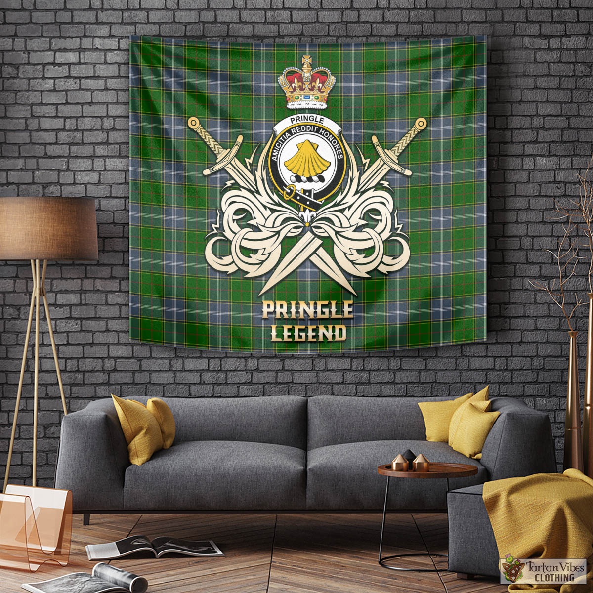 Tartan Vibes Clothing Pringle Tartan Tapestry with Clan Crest and the Golden Sword of Courageous Legacy