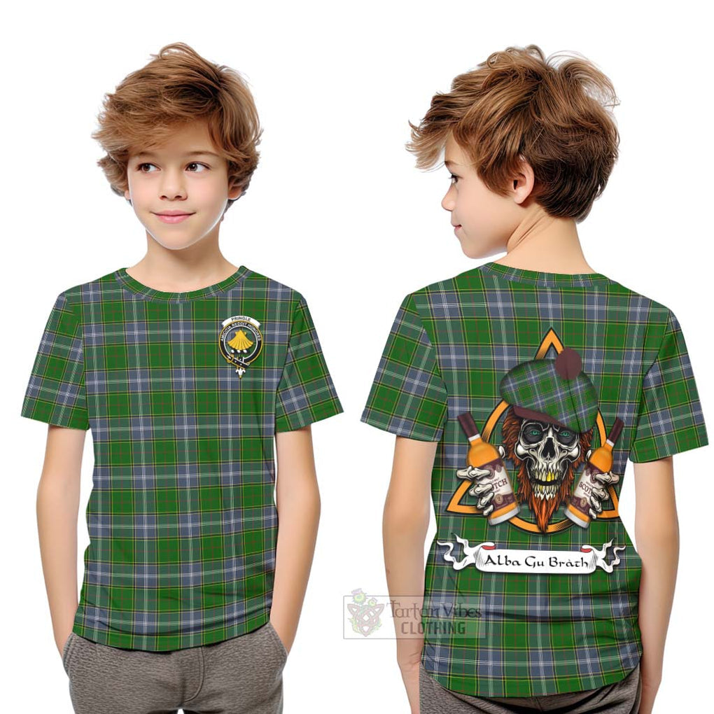 Tartan Vibes Clothing Pringle Tartan Kid T-Shirt with Family Crest and Bearded Skull Holding Bottles of Whiskey