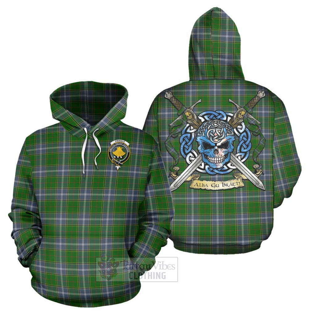 Tartan Vibes Clothing Pringle Tartan Hoodie with Family Crest Celtic Skull Style