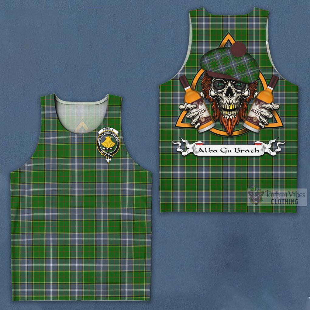 Tartan Vibes Clothing Pringle Tartan Men's Tank Top with Family Crest and Bearded Skull Holding Bottles of Whiskey