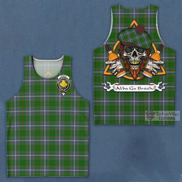 Pringle Tartan Men's Tank Top with Family Crest and Bearded Skull Holding Bottles of Whiskey