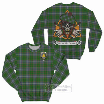 Pringle Tartan Sweatshirt with Family Crest and Bearded Skull Holding Bottles of Whiskey