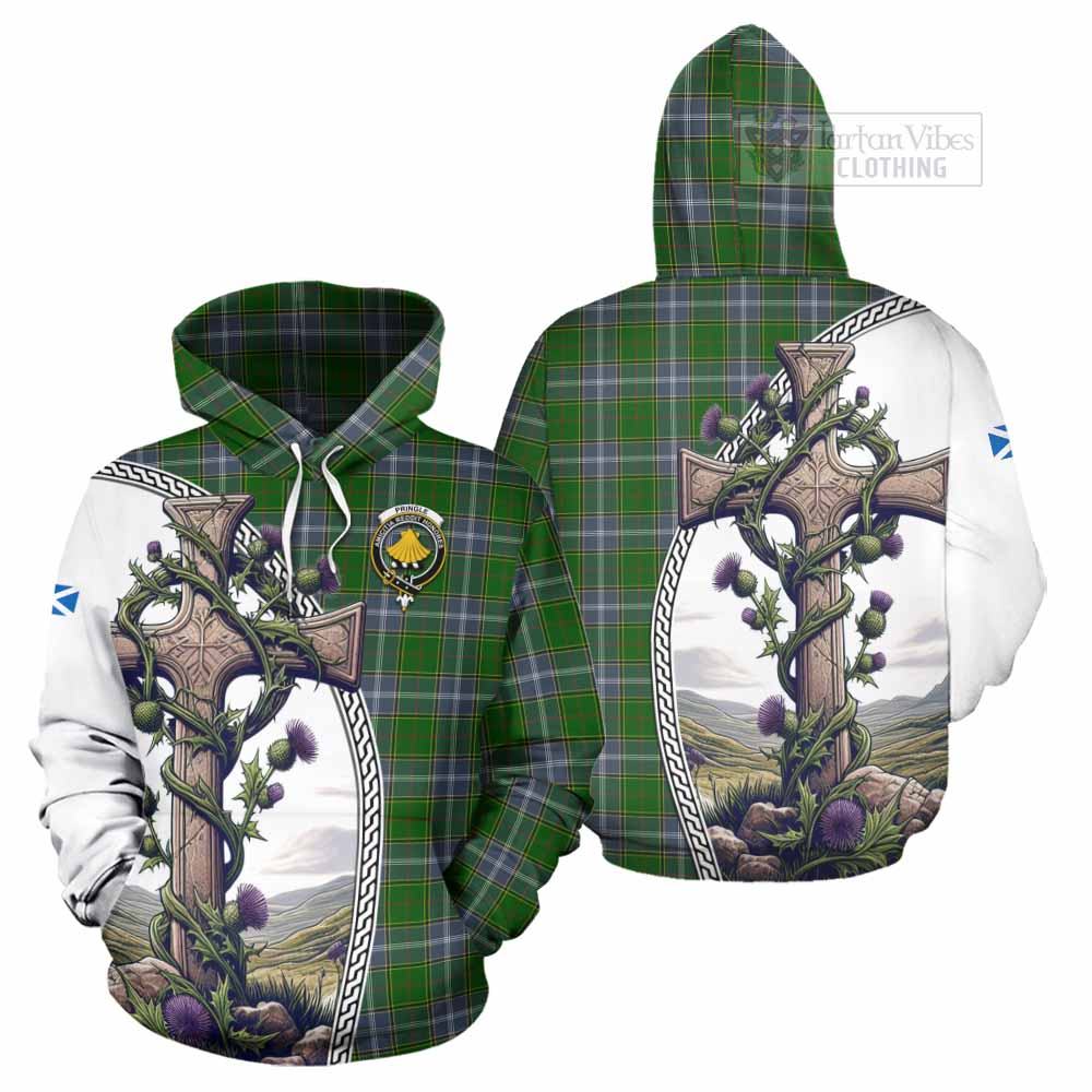 Tartan Vibes Clothing Pringle Tartan Hoodie with Family Crest and St. Andrew's Cross Accented by Thistle Vines