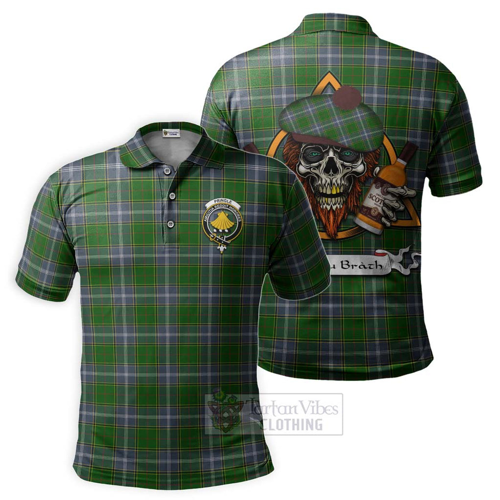 Tartan Vibes Clothing Pringle Tartan Polo Shirt with Family Crest and Bearded Skull Holding Bottles of Whiskey